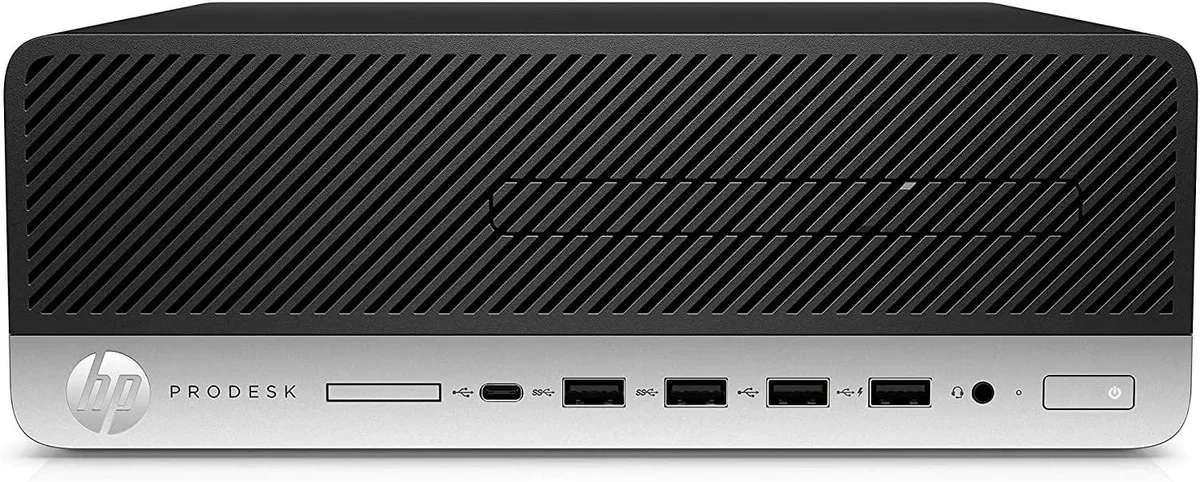 Small black tower desktop with front USB ports and headset jack