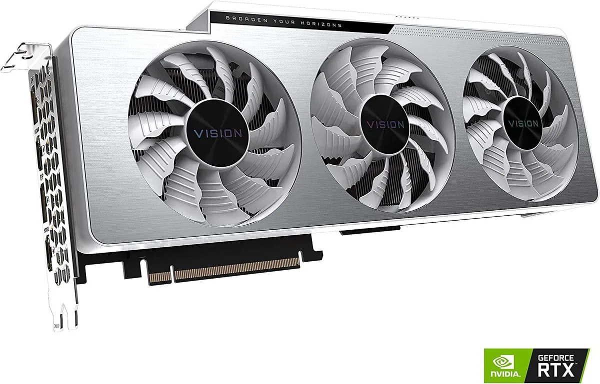 Silver triple-fan graphics card with white accents and backplate