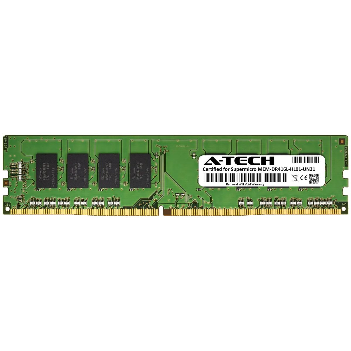 Green circuit board with black memory chips on both sides and gold edge connector