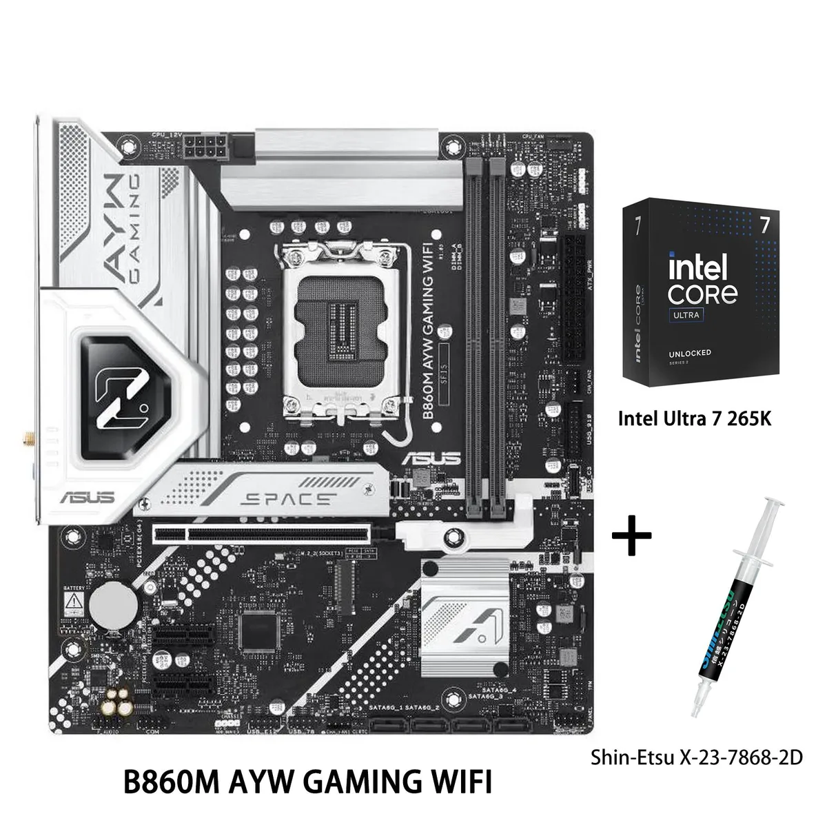 ASUS B860M AYW GAMING WIFI micro-ATX motherboard with Intel Ultra 7 265K CPU and thermal grease tube