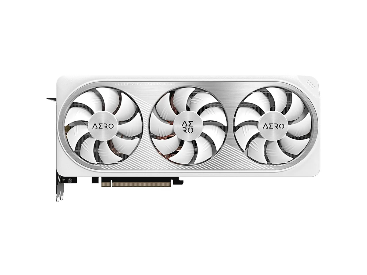 Silver triple-fan graphics card, 300 mm long, 2.9 slots thick