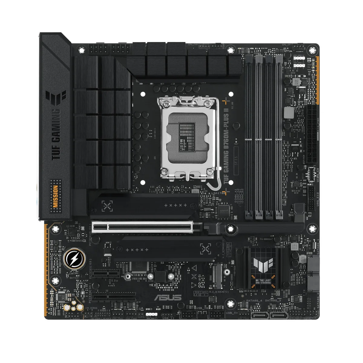 ASUS TUF Gaming B760M-PLUS II micro ATX motherboard in dark finish with reinforced slots