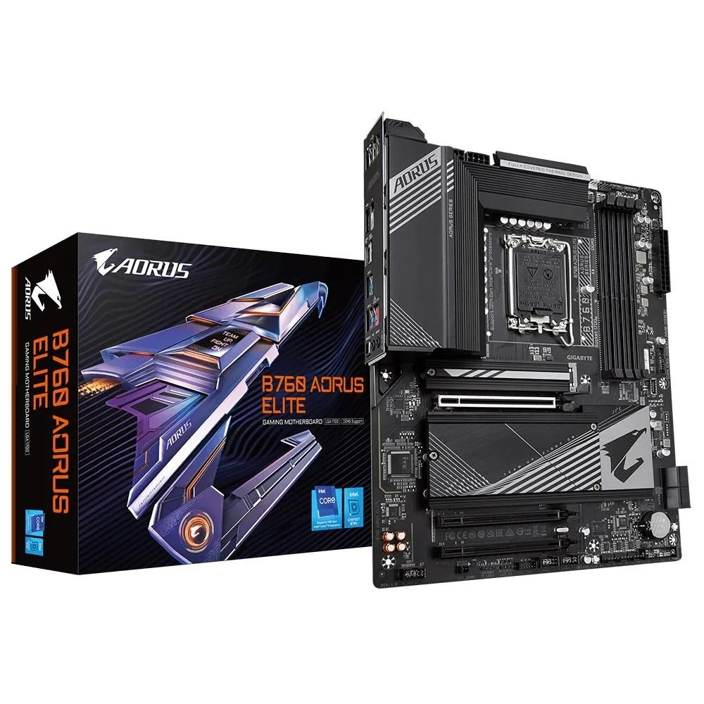 ATX motherboard with silver heatsinks and black PCB