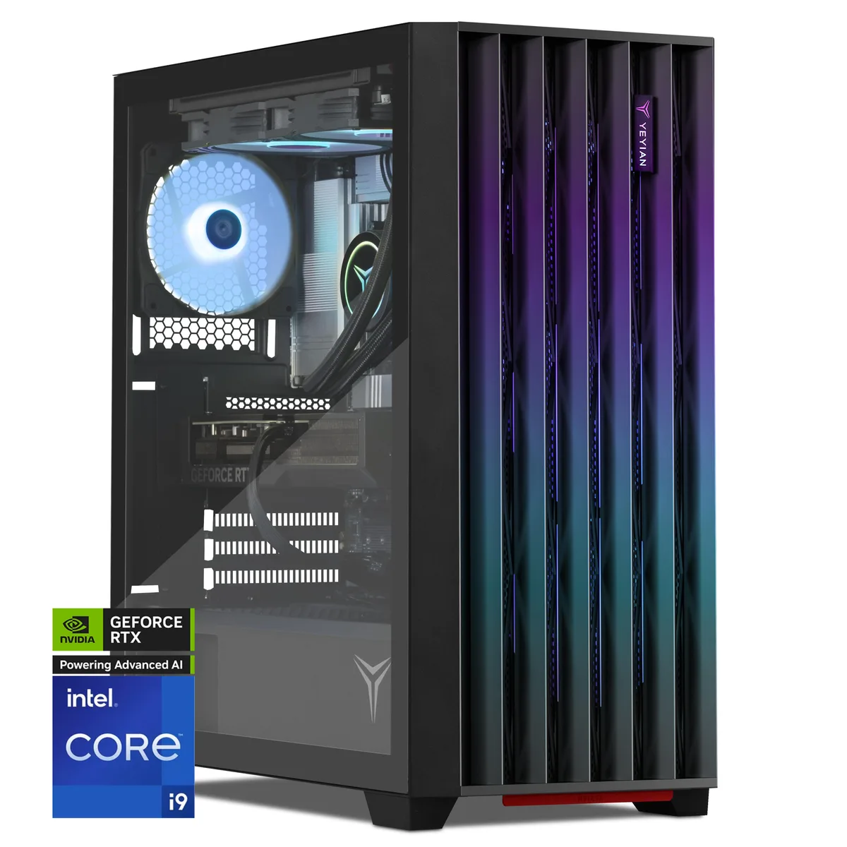 Mid-tower gaming PC with tempered glass side panel and RGB lighting