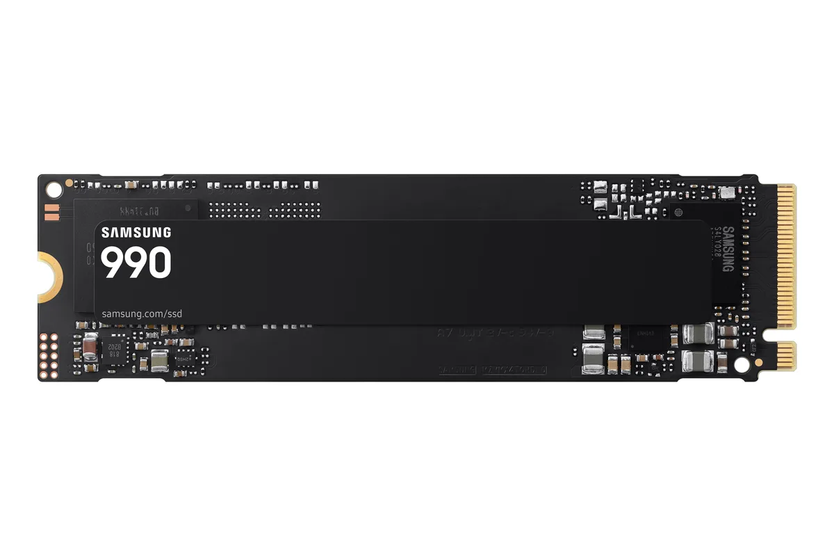 Green rectangular circuit board with gold edge connector and black controller chip, M.2 2280 form factor