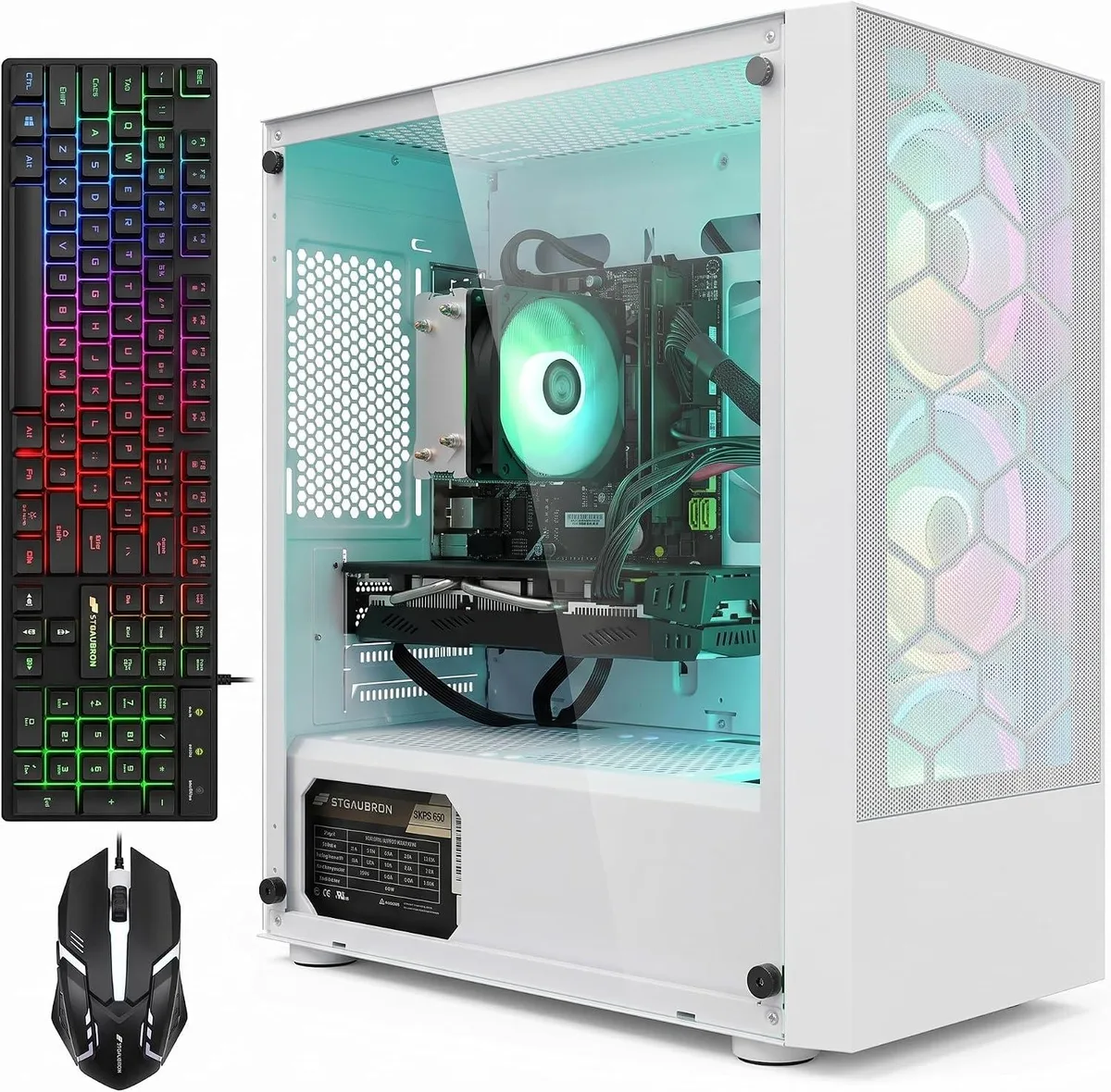 Black mid-tower gaming desktop with three RGB fans visible behind glass side panel