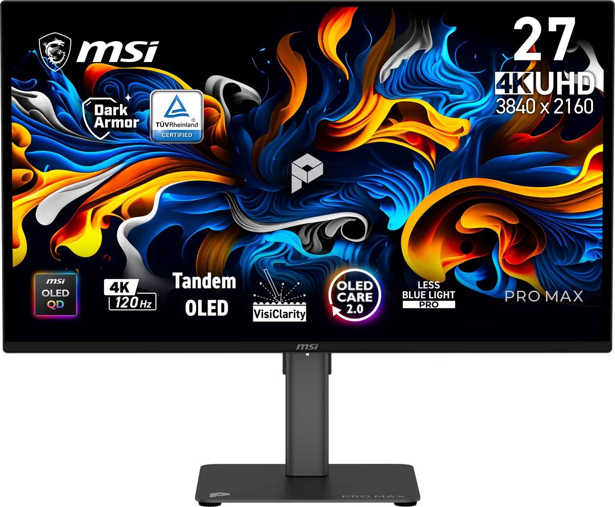Black flat 26.5 inch QD-OLED monitor on height adjustable stand