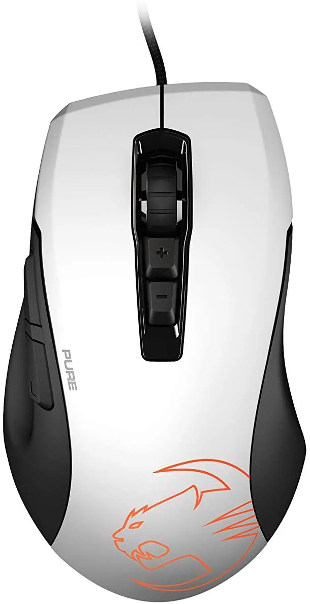 White ergonomic gaming mouse with textured matte finish and illuminated logo