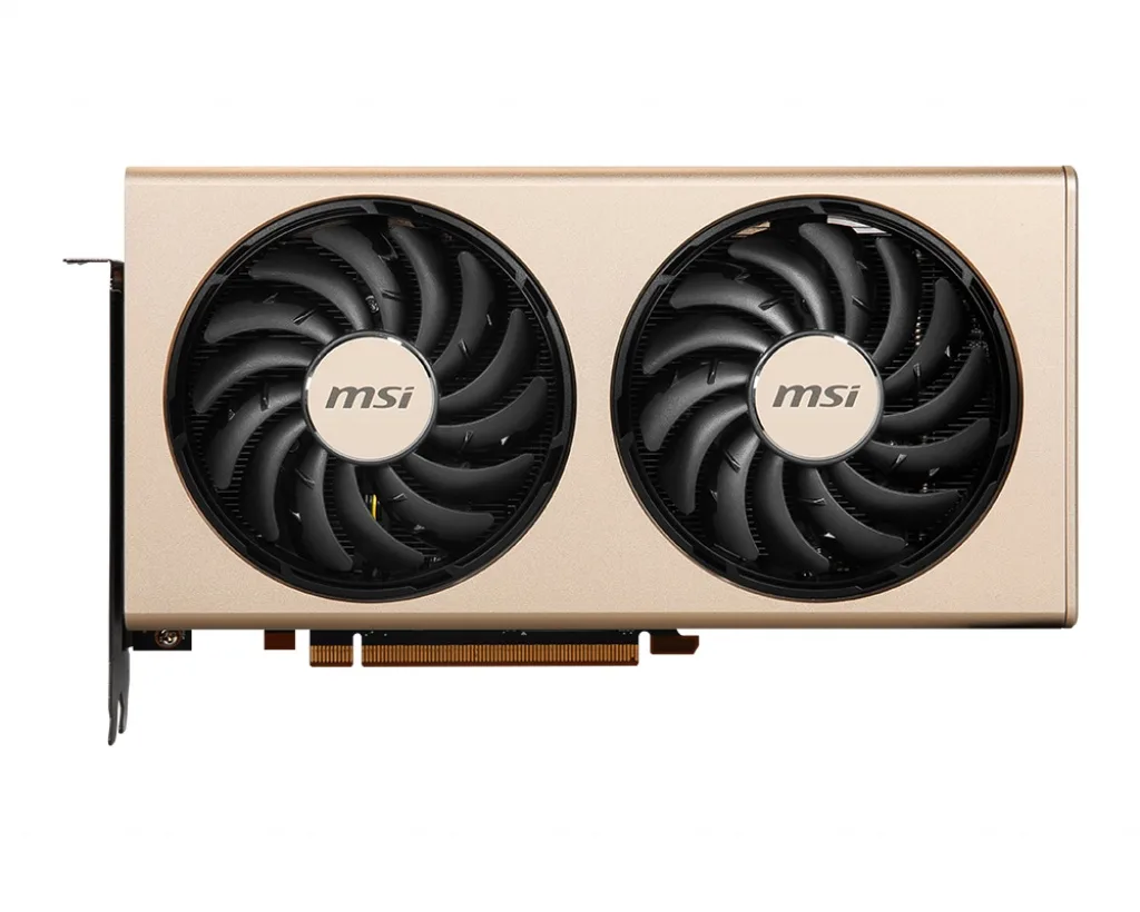 Black dual-fan graphics card with silver accents, full-length PCIe 4.0 form factor