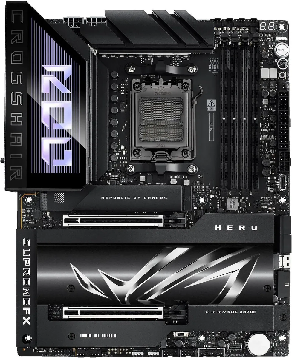 ATX motherboard, dark PCB, metal-reinforced PCIe slot, four DDR5 slots, I/O shield attached