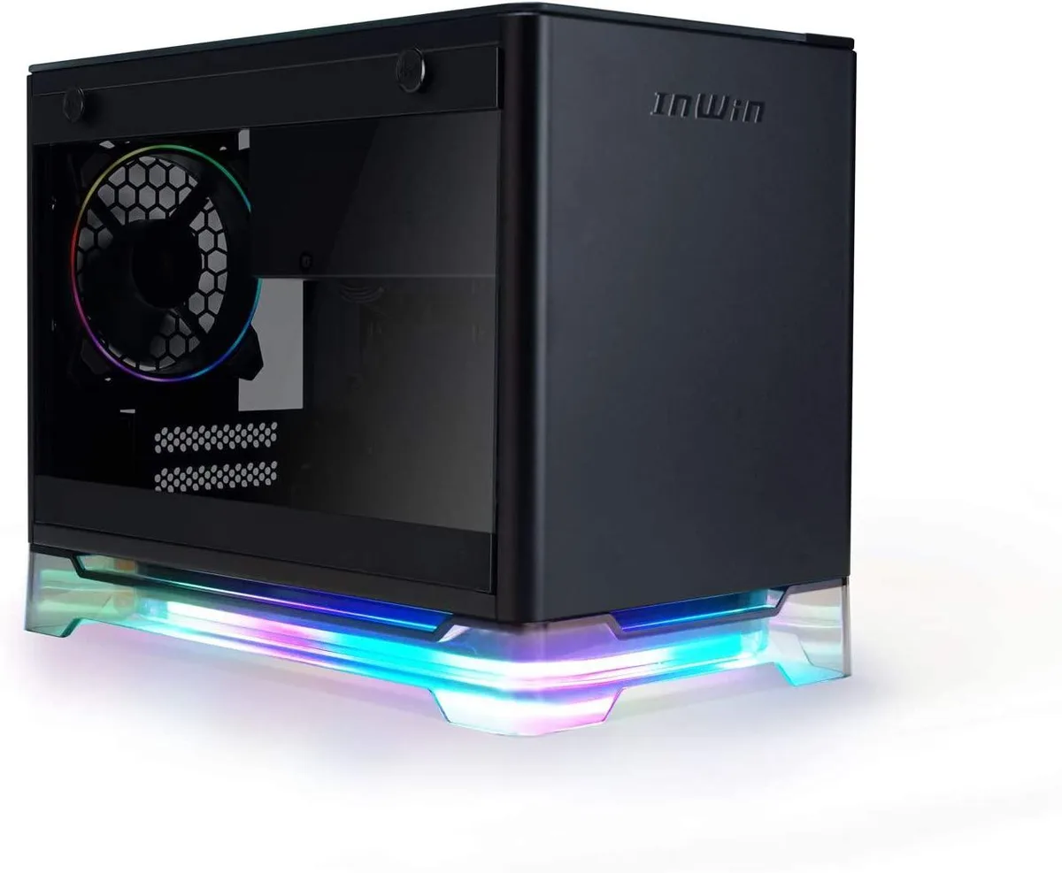 White Mini-ITX tower with tinted transparent stand, two black 120mm ARGB fans, tempered glass side panel