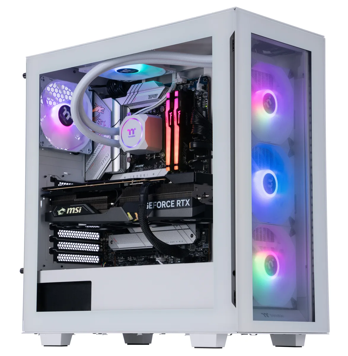 Mid-tower gaming desktop in black with tempered glass side panel and RGB lighting