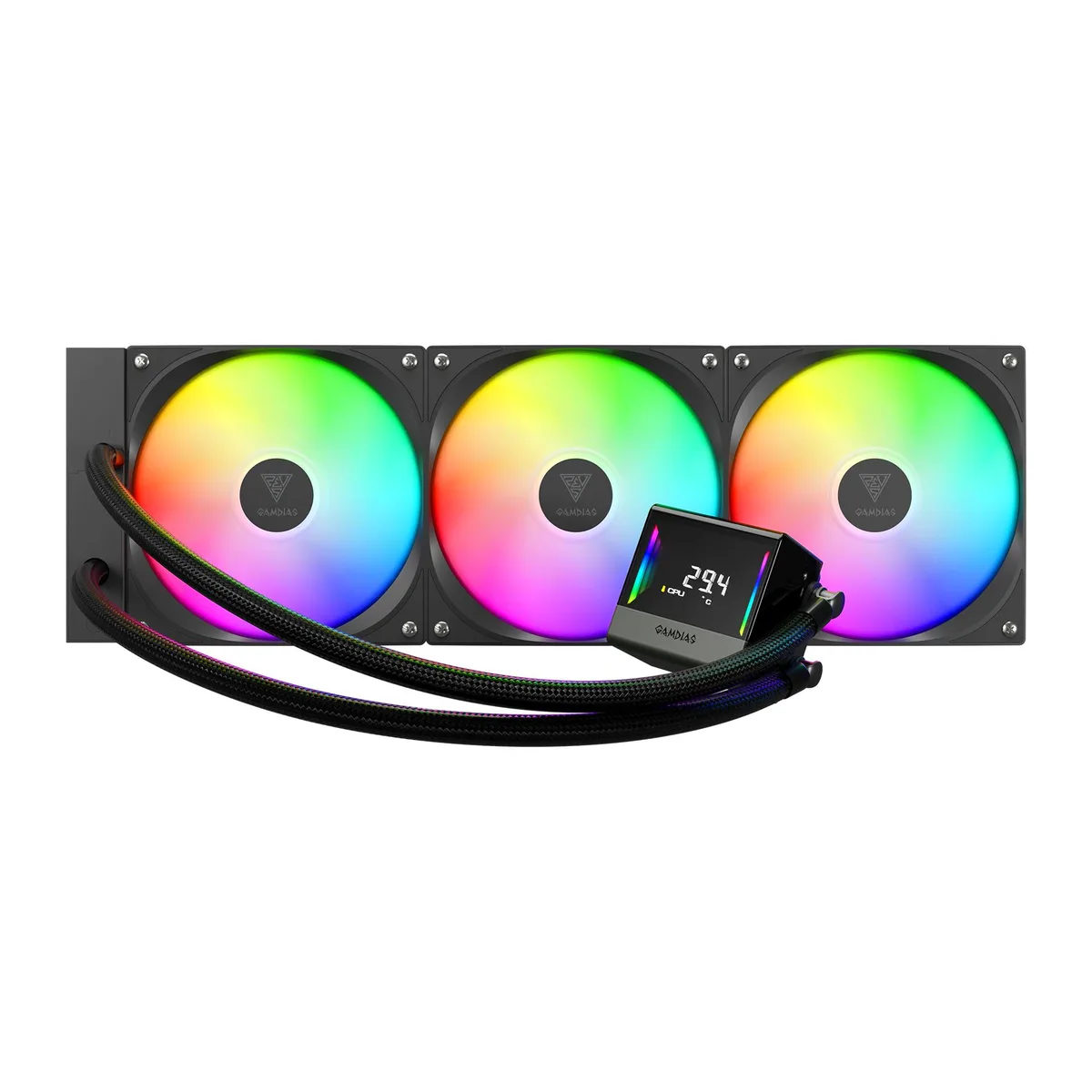 Black 420mm AIO cooler with three 140mm ARGB fans and CPU temperature display