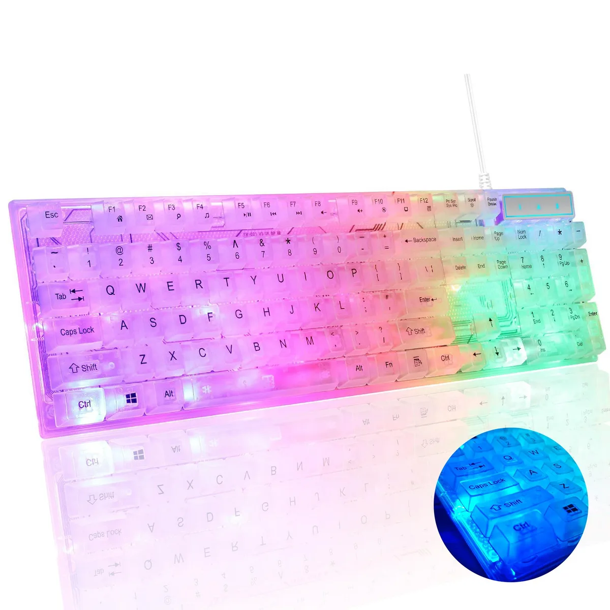 Transparent full-size wired keyboard with 104 keys and RGB backlighting