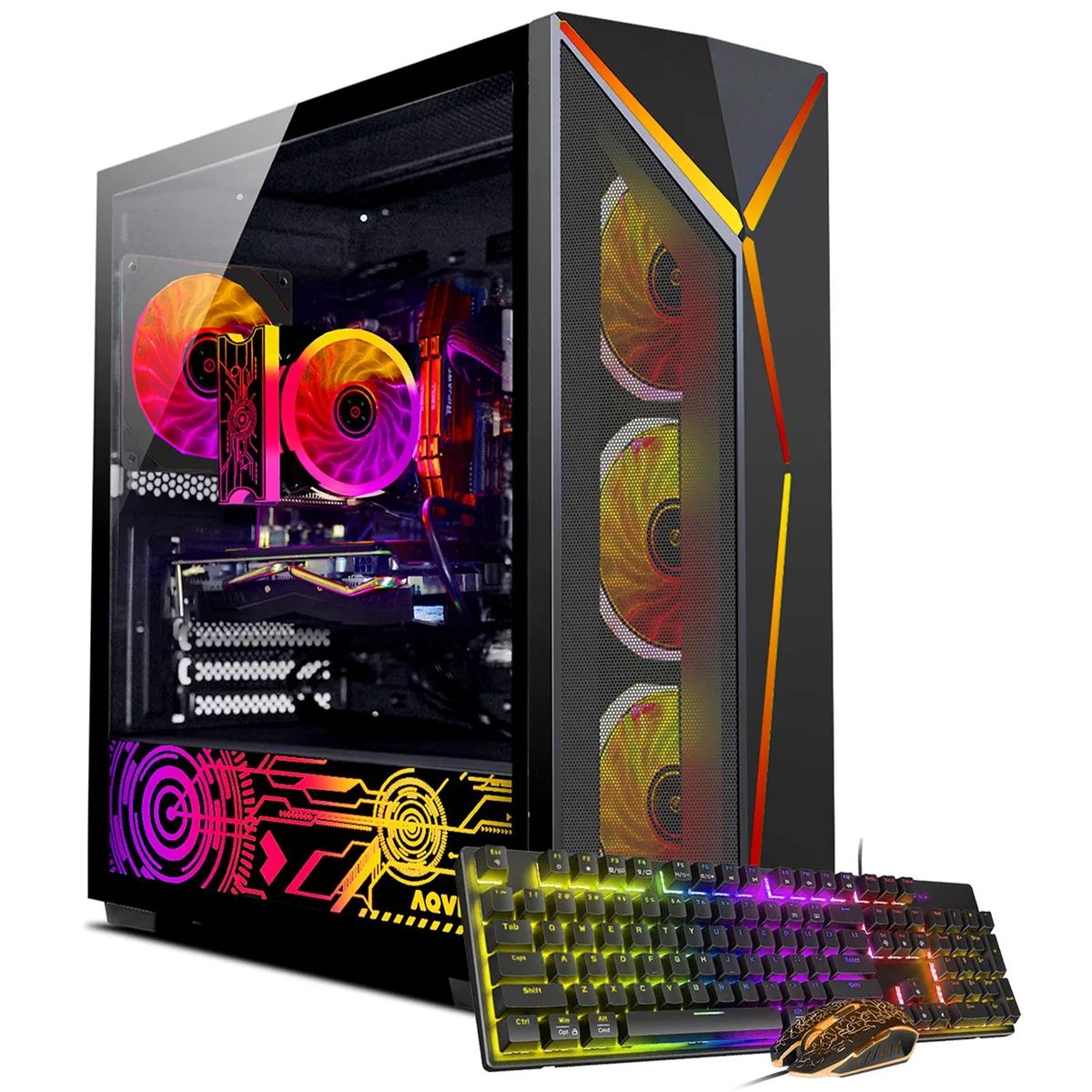 Black tower desktop PC with RGB keyboard and mouse