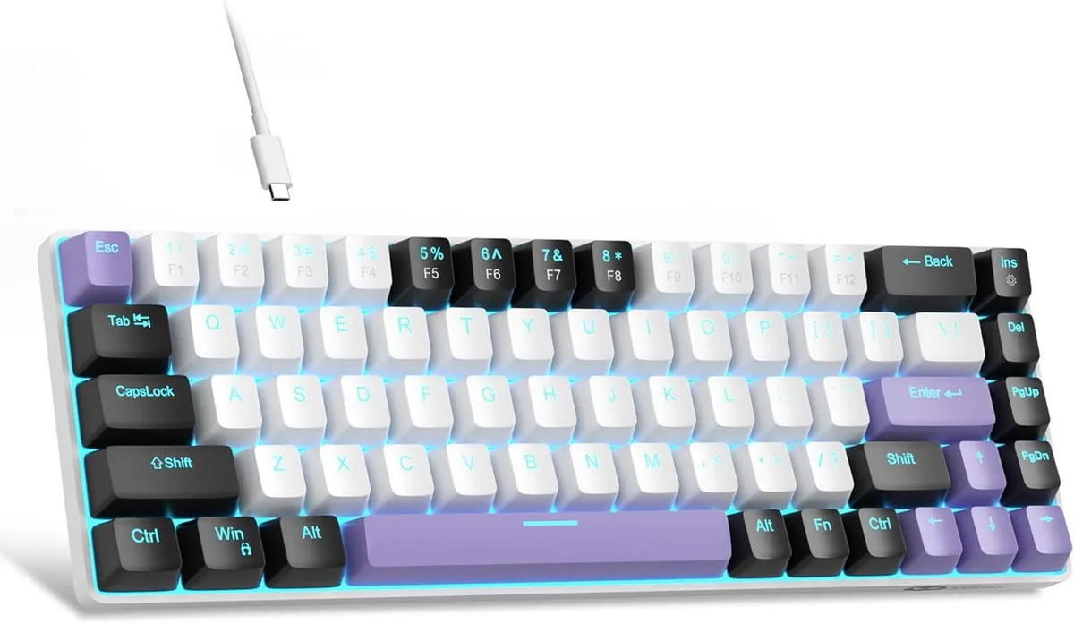 White and purple compact 68-key mechanical keyboard with blue LED backlighting
