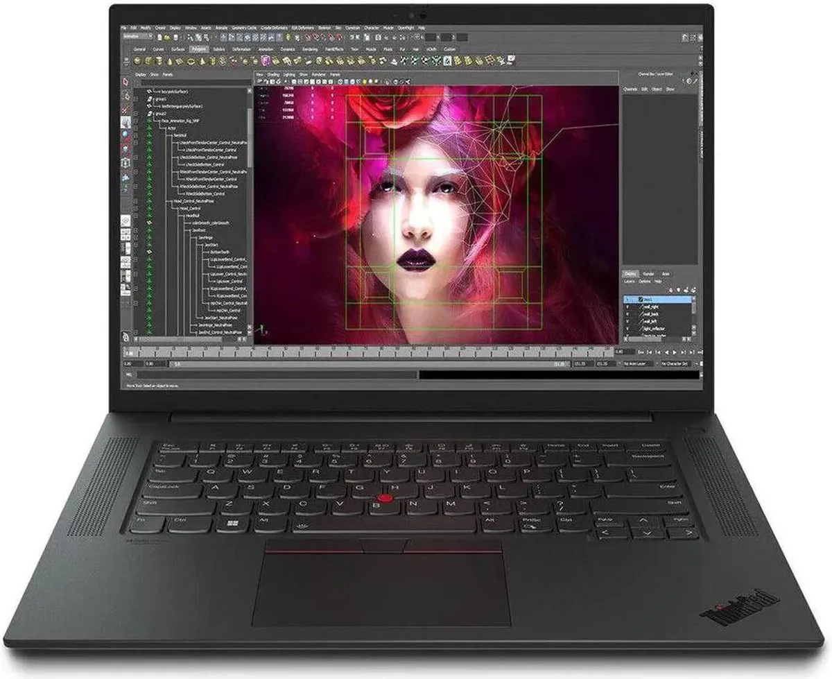 Black 16-inch ThinkPad P1 Gen 5 laptop with carbon-fiber weave lid, closed, webcam visible