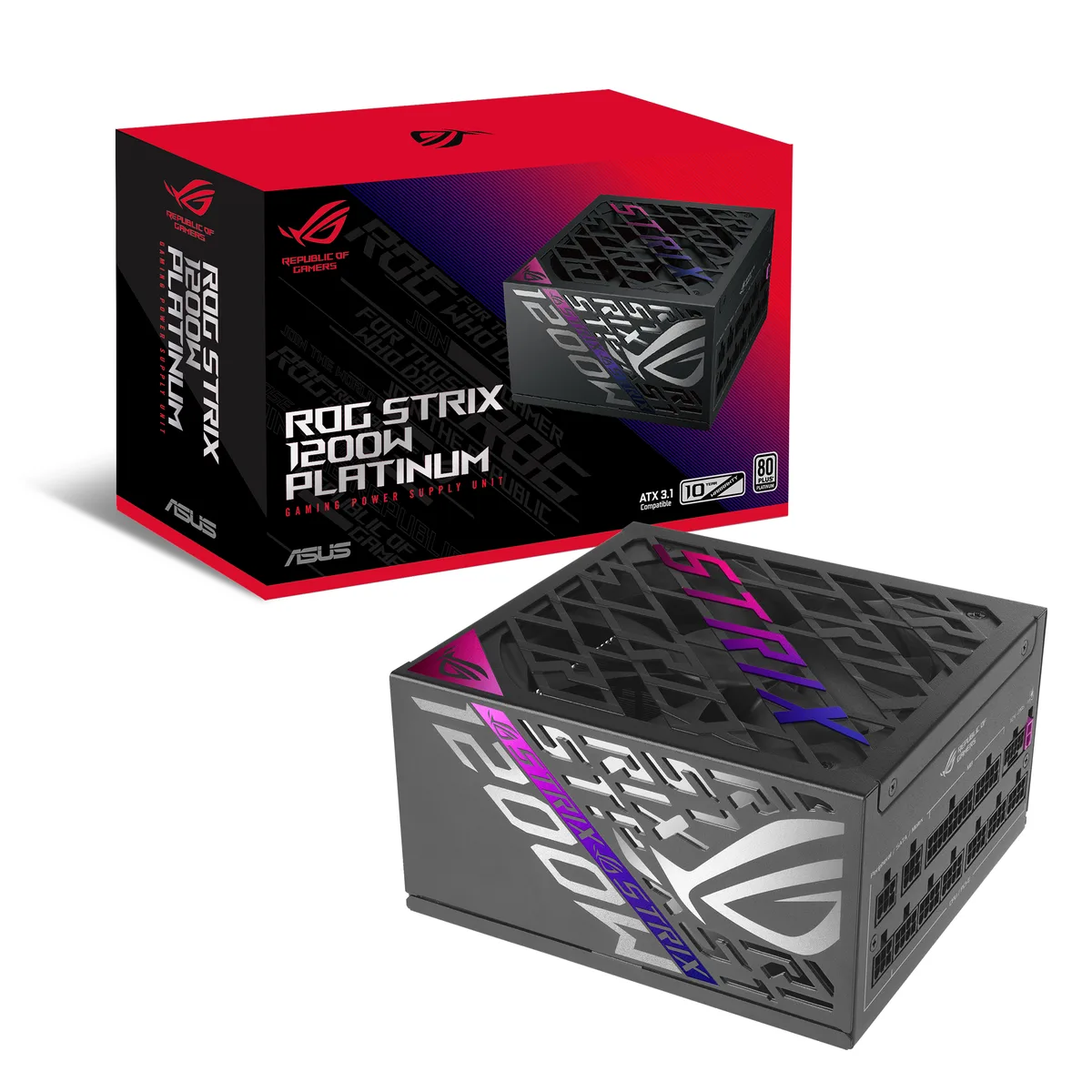 Black ATX 3.1 power supply unit with modular cables and ROG branding