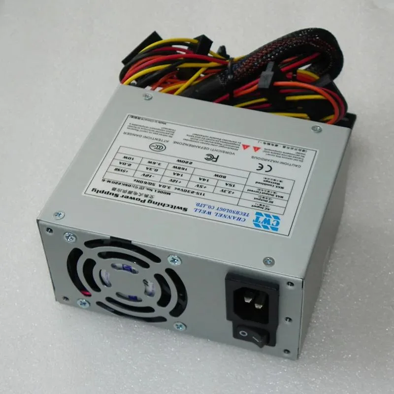 Rectangular ATX power supply unit with matte black metal casing and rear fan grille