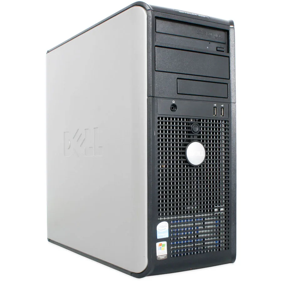 Black and silver Dell OptiPlex GX520 mini tower desktop computer