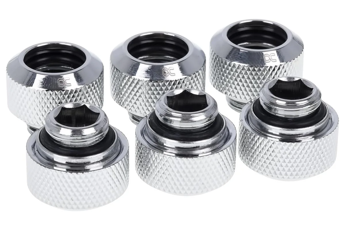 Six chrome knurled compression fittings for 13mm hard tubing with G1/4 threads