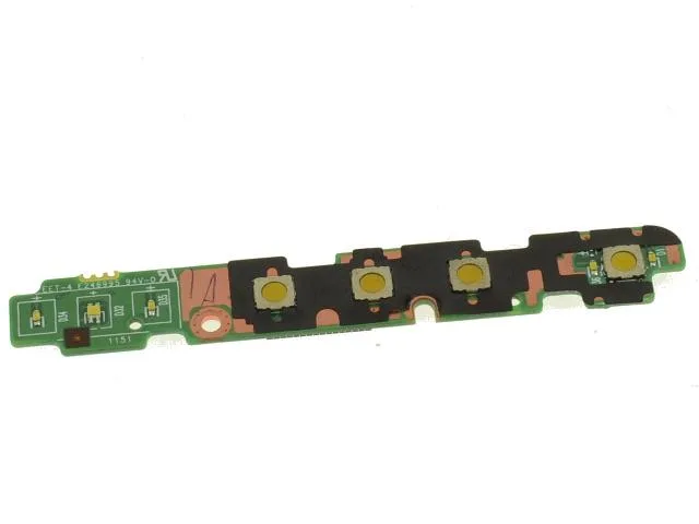 Small rectangular green circuit board with a single push button and ribbon cable connector
