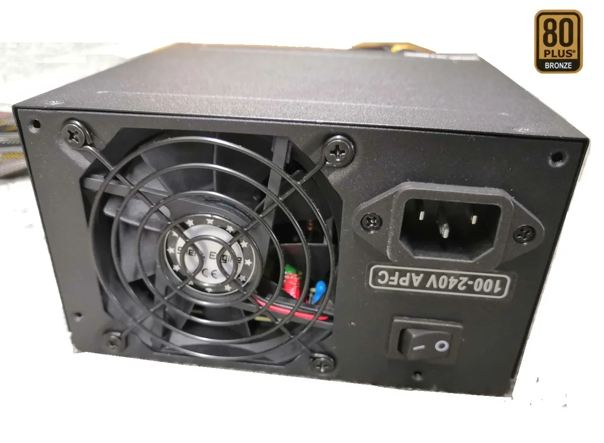 Black rectangular ATX power supply unit with 80mm fan grille and fixed cables