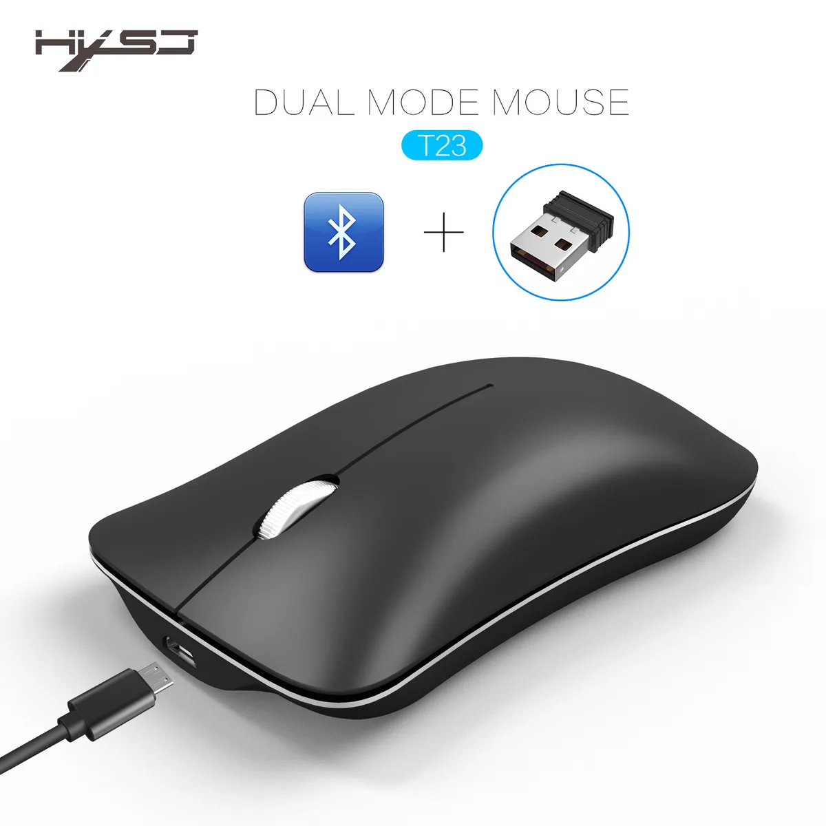 Black right-handed wireless mouse with scroll wheel and three buttons