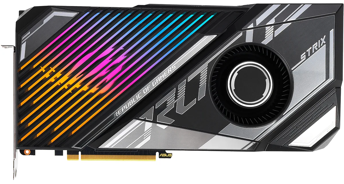 Black graphics card with integrated liquid cooling block, 240mm radiator and tubing, metal shroud, backplate visible
