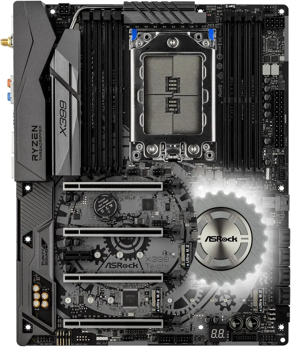 ATX motherboard in black with silver heatsinks and gold PCIe contacts