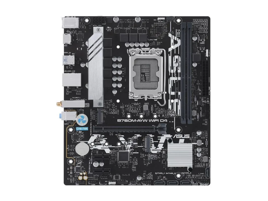 White Micro ATX motherboard with silver heatsinks and black slots