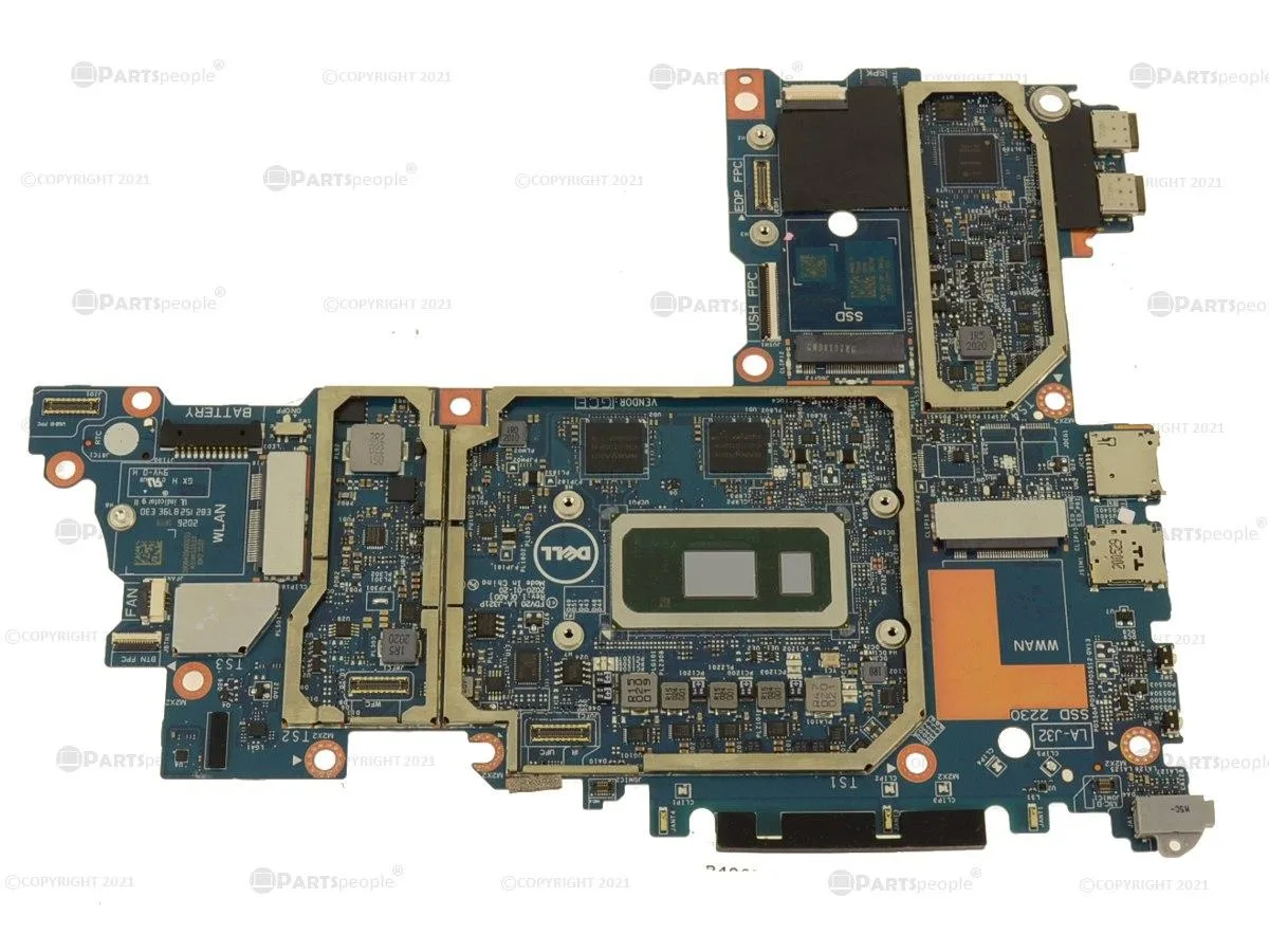 Green Dell Latitude 7210 2-in-1 motherboard with silver processor and black memory modules