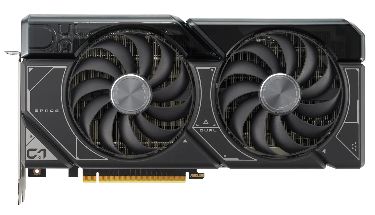 ASUS Dual GeForce RTX 4070 graphics card with two axial fans, silver shroud and metal backplate, 2.55 slot thickness