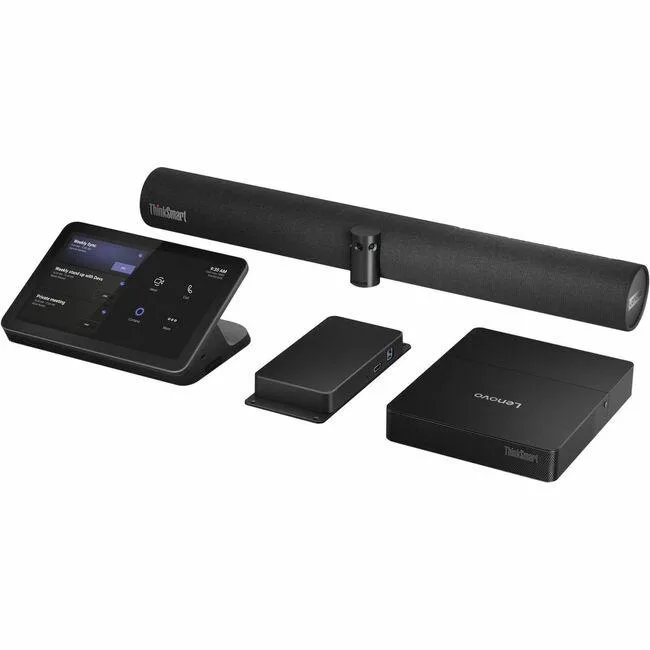 Compact black desktop unit with front IP controller display and multiple rear ports