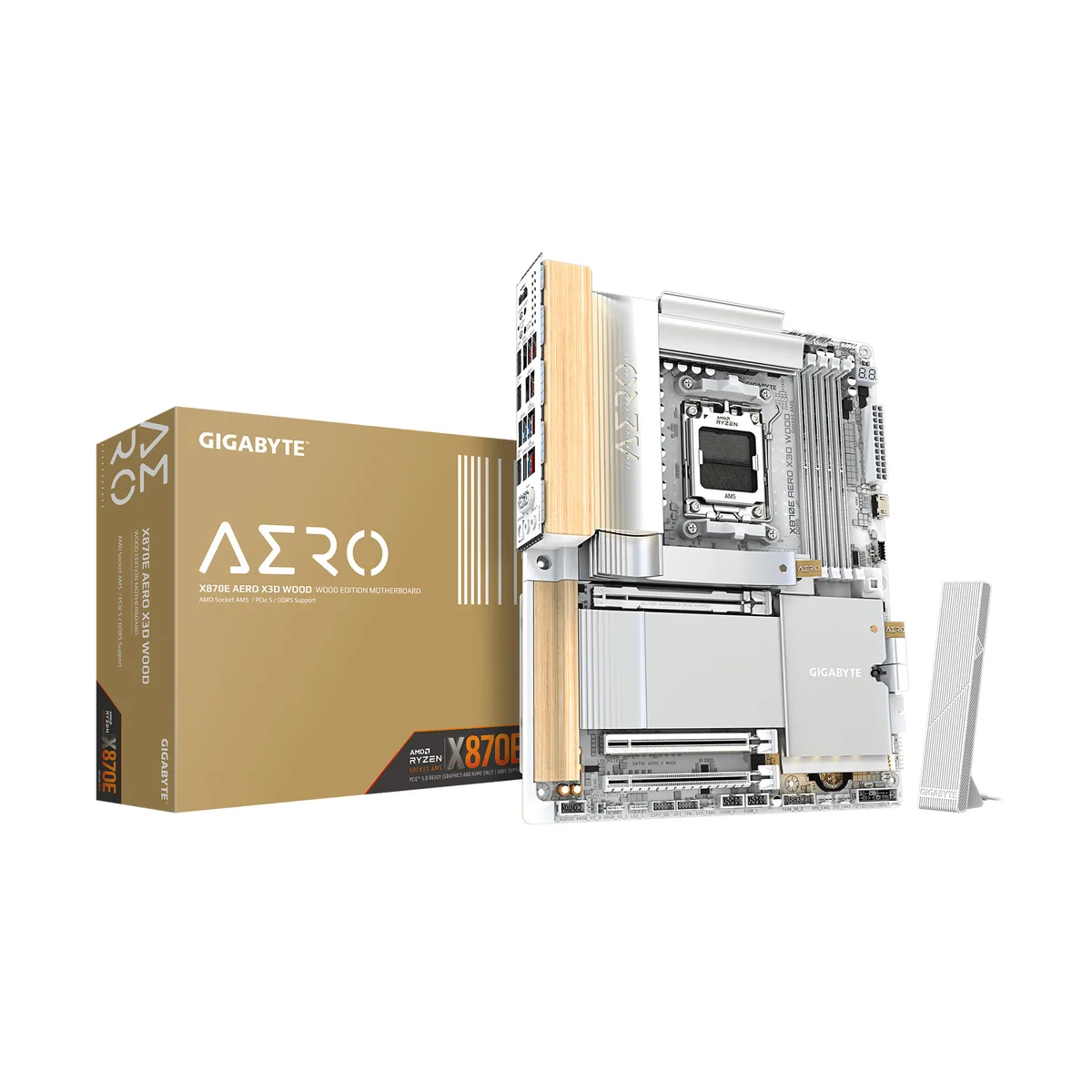 ATX motherboard with wood-grain heatshields and silver I/O shield
