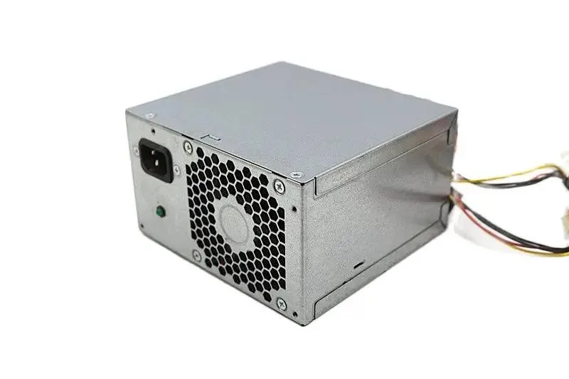 Rectangular metal ATX power supply unit with ventilation grille and label
