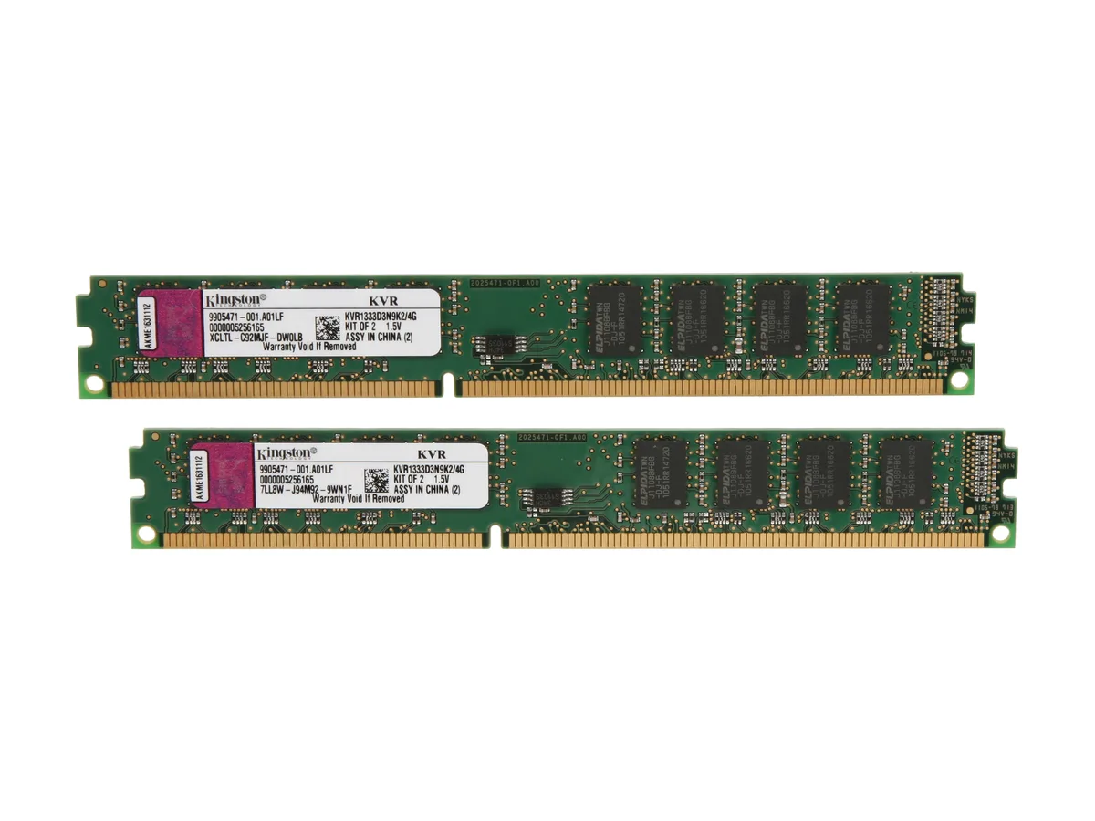 Two green DDR3 memory modules with gold contacts and black chips