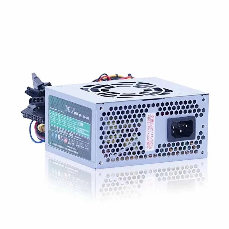 Compact SFX power supply unit with matte black metal casing and integrated cooling fan