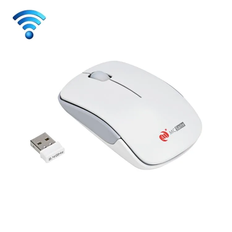 White wireless gaming mouse with anti-skid scroll wheel and embedded USB receiver