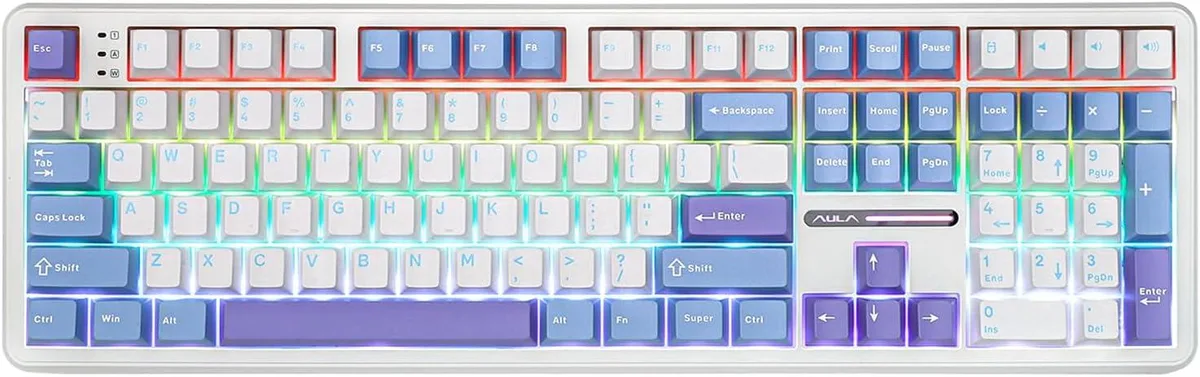 White and blue full-size mechanical keyboard with 108 keys and RGB backlighting