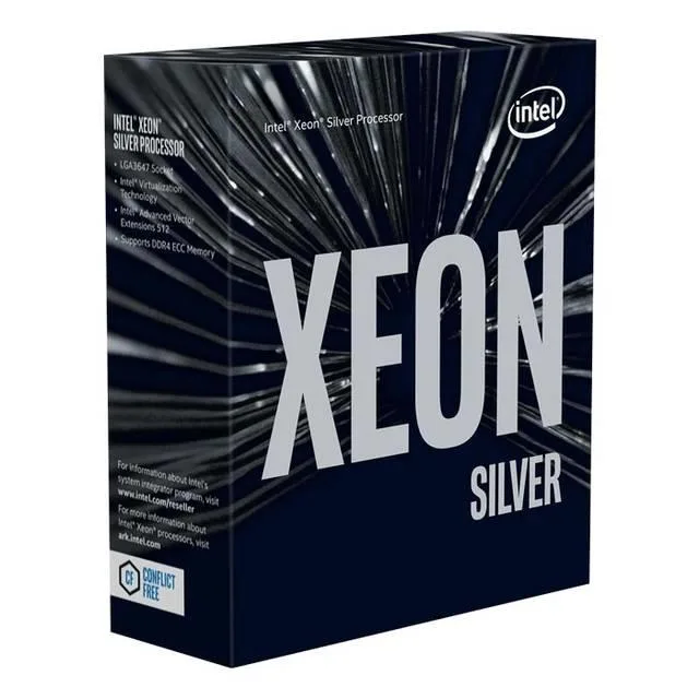 Intel Xeon Silver 4210 server CPU, green PCB with gold contacts, silver heatspreader, LGA 3647 socket