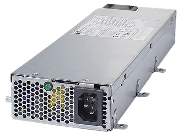 Rectangular silver metal power supply unit with ventilation grille and handle, new condition
