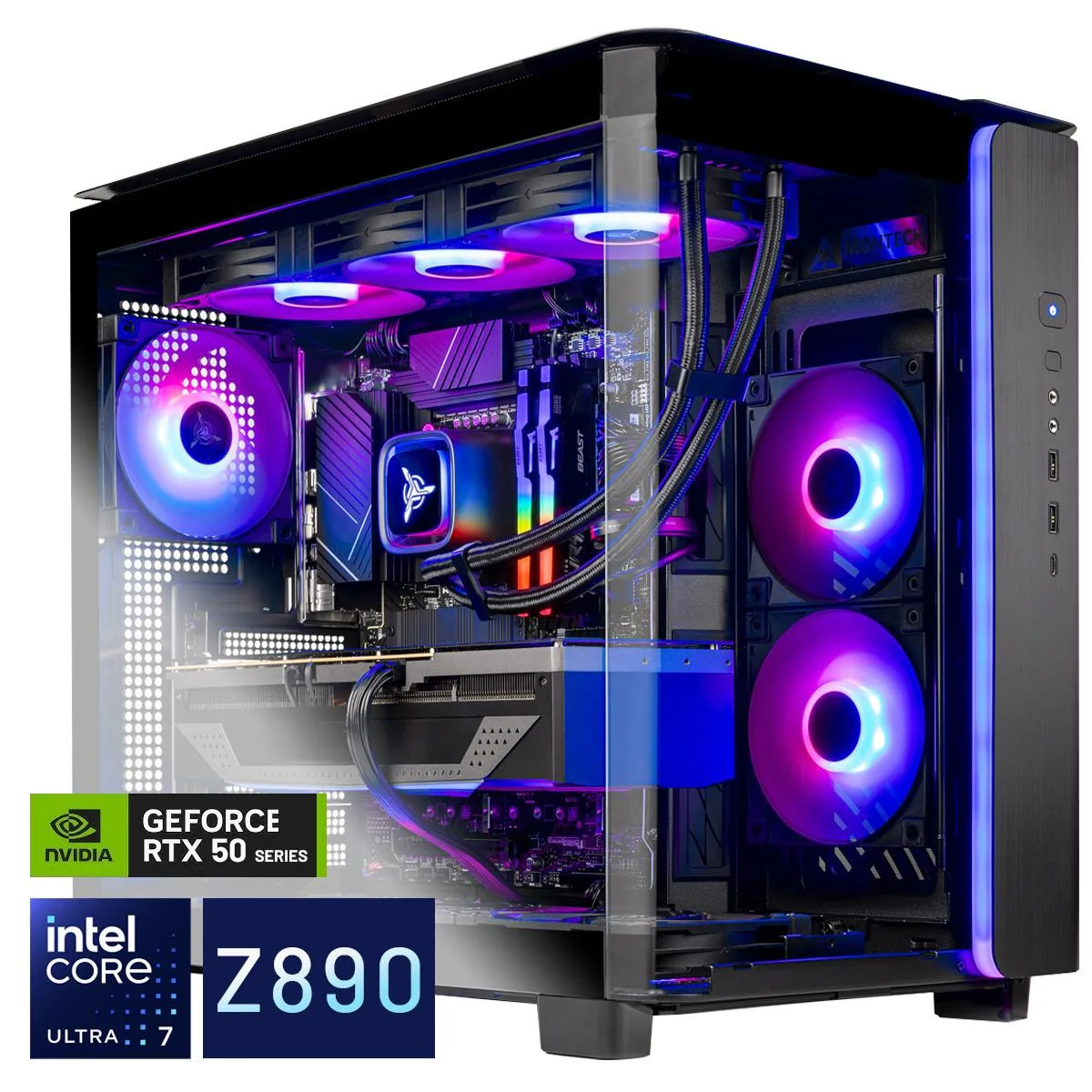 Skytech King 95 mid-tower with curved tempered glass side panel and ARGB liquid cooling visible inside