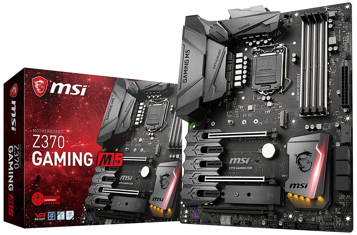 ATX motherboard in black with red accents, four DDR4 slots and metal-reinforced PCIe slots