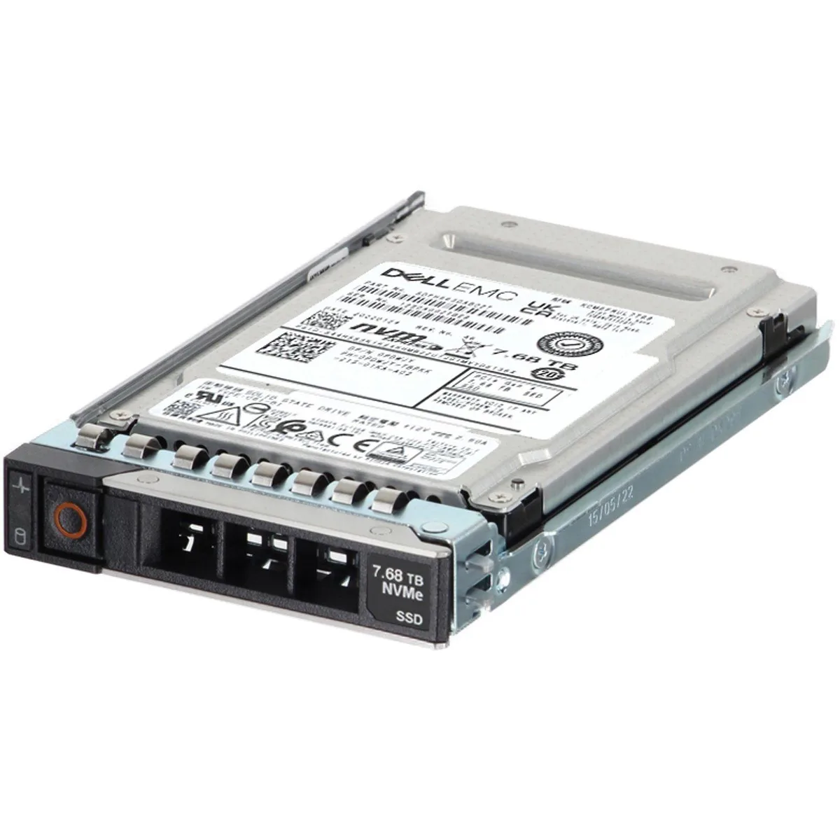 Silver 2.5 inch Dell enterprise SSD with label showing 7.68TB capacity