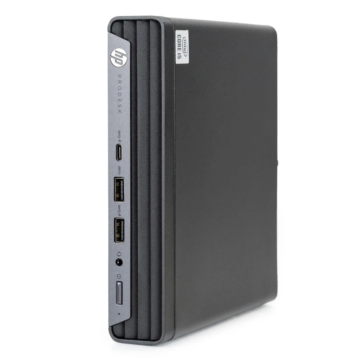 Small black rectangular mini desktop PC with front USB-C and USB-A ports
