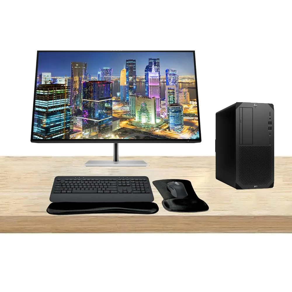Black HP Z2 G9 tower, 32-inch 4K monitor, wireless keyboard and mouse, WiFi adapter