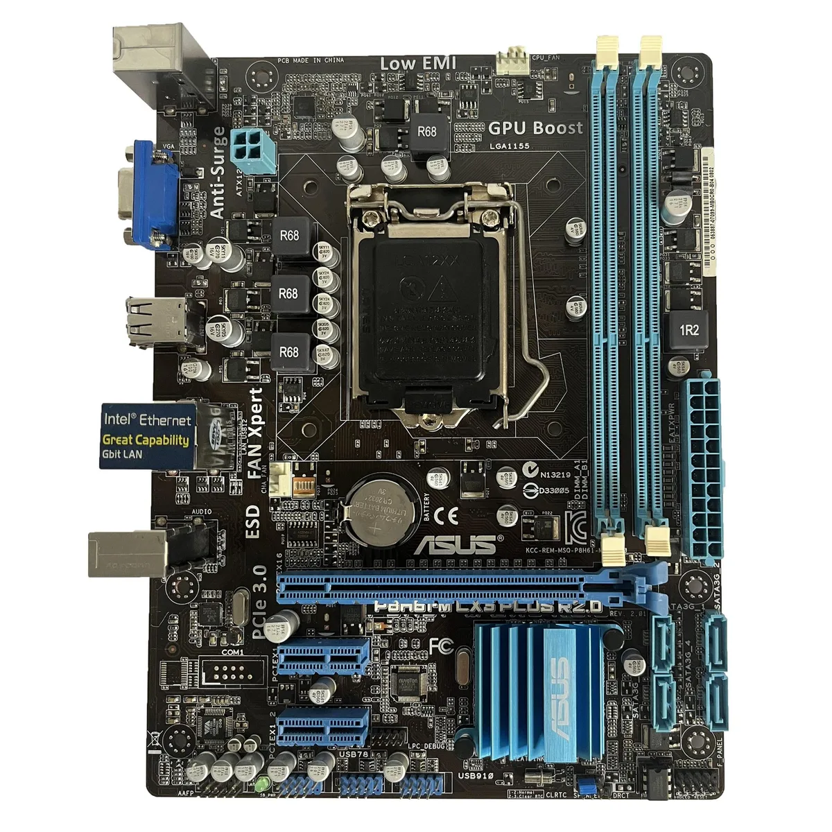 Green micro ATX motherboard with silver LGA 1155 socket, black DDR3 slots and blue SATA ports