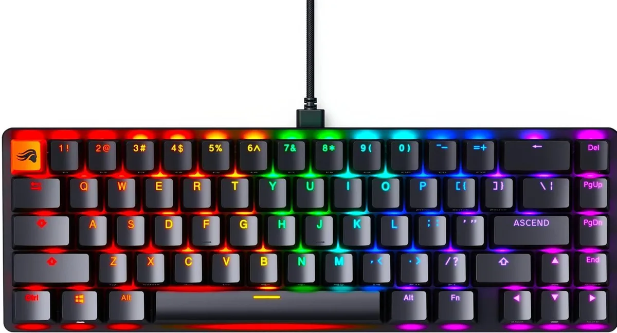 Compact 65% mechanical keyboard with double-shot keycaps and USB-C cable