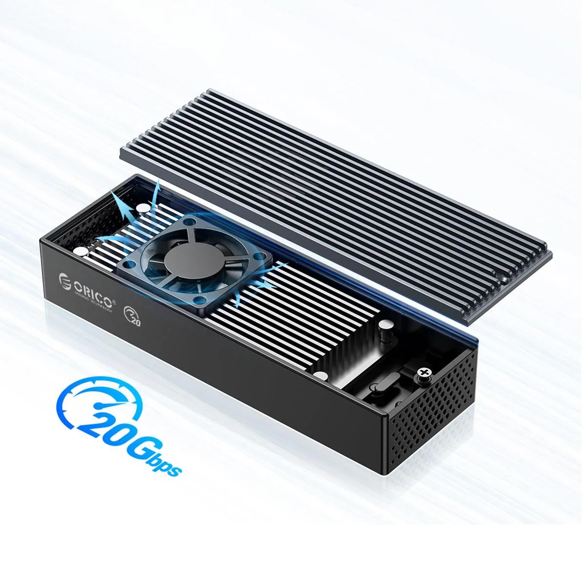 Orico Orico M2PVC3-G20 20Gbps NVMe drive enclosure with fan, grey — product photo